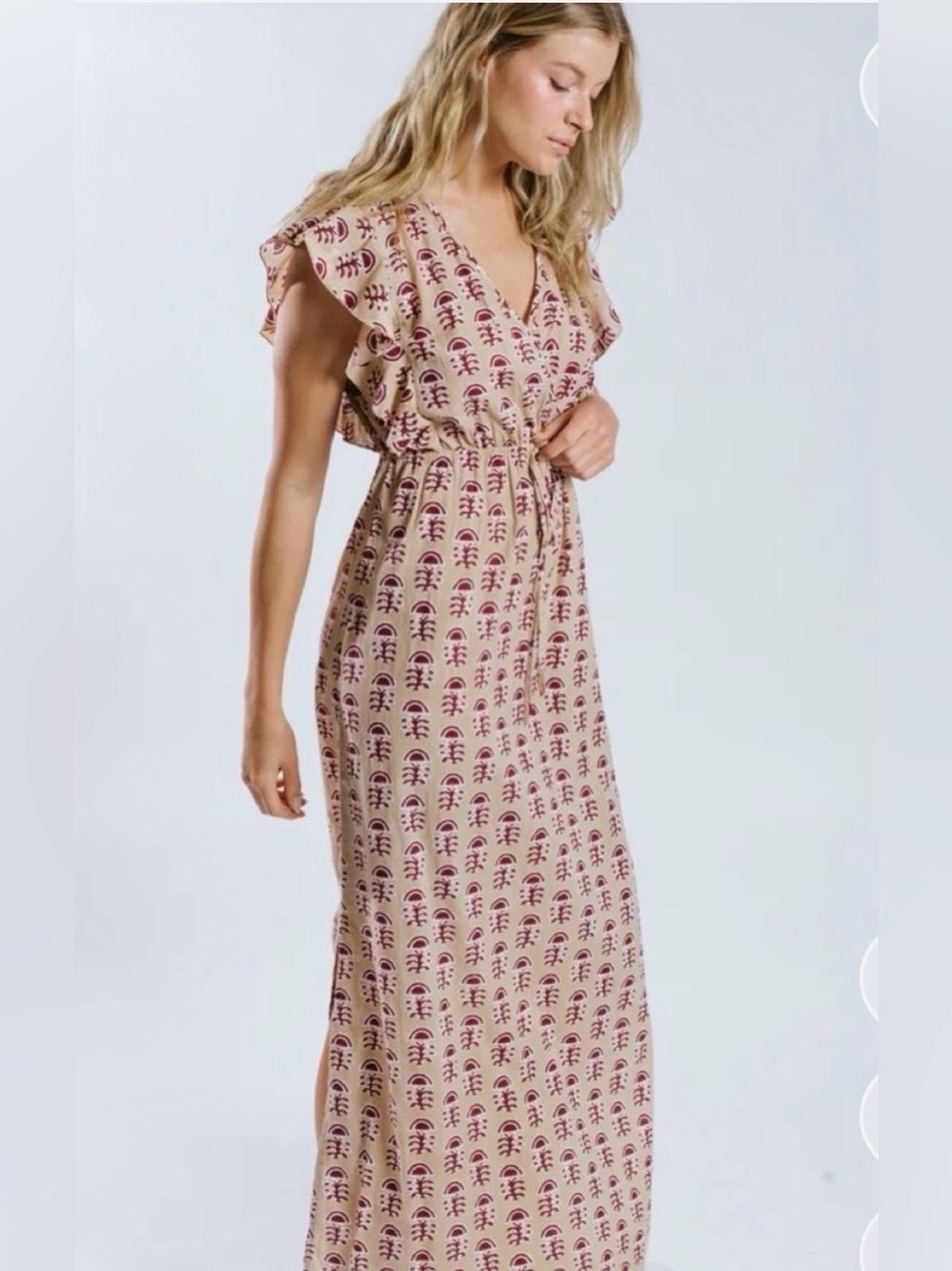 RAGA NWT M Block Print Maxi Dress Flutter Sleeve Boho Festival Resort Cotton